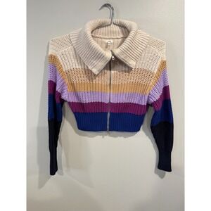 Aerie Cardigan Sweater Women's Large Beige Blue Striped Long Sleeve Cable Knit